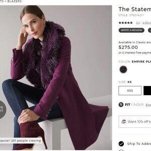 White House Black Market The Statement Coat with Detachable Faux Fur Collar XS